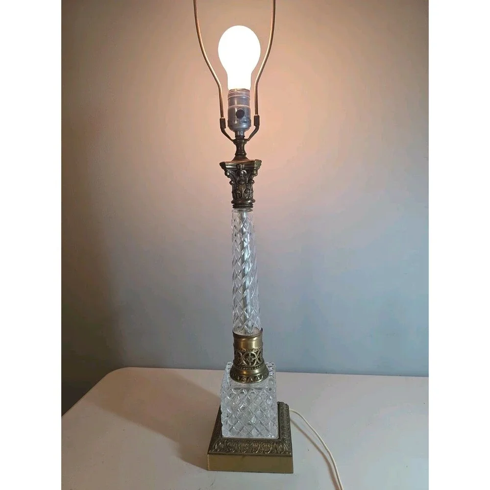 Heavy Vtg Diamond Cut Crystal Glass Table Lamp Hollywood Regency Loevsky Style